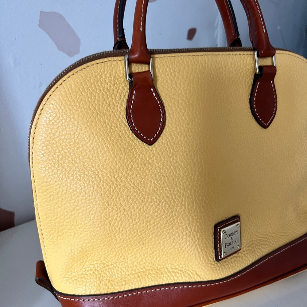 Dooney & Bourke Zip Zip Pebble Leather Domed Satchel Yellow Red Lining